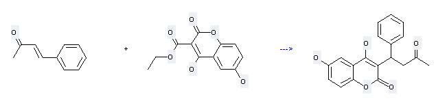 The 2H-1-Benzopyran-2-one,4,6-dihydroxy-3-(3-oxo-1-phenylbutyl)- could be obtained by the reactants of 4-Phenyl-but-3-en-2-one and 3-Carbethoxy-4,6-dihydroxycoumarin